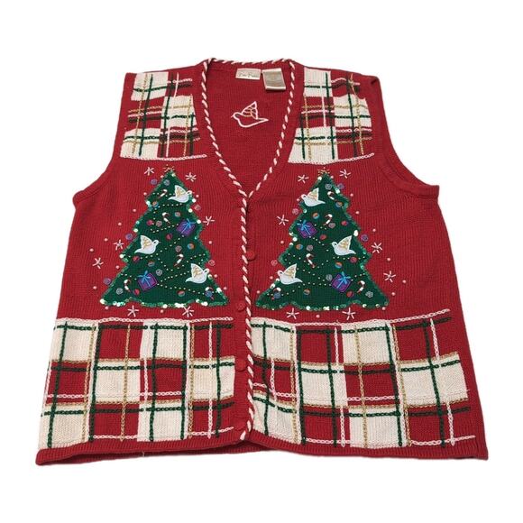 VTG Bobbie Brooks Ugly Christmas Sweater Vest Womens Size XL Red Plaid Trees - Picture 1 of 12